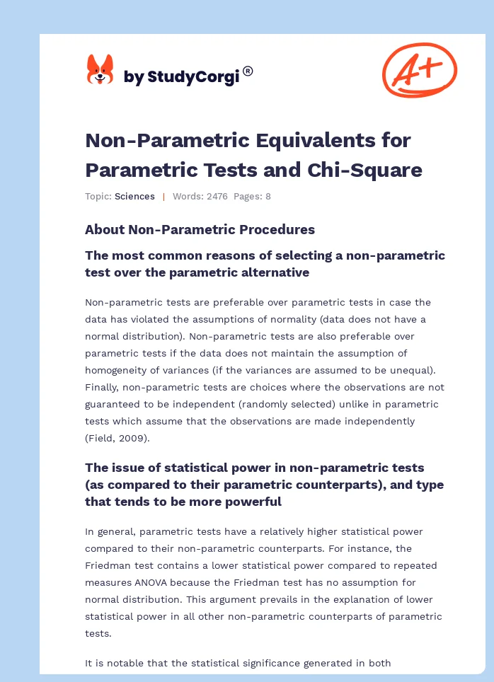 Non-Parametric Equivalents for Parametric Tests and Chi-Square. Page 1