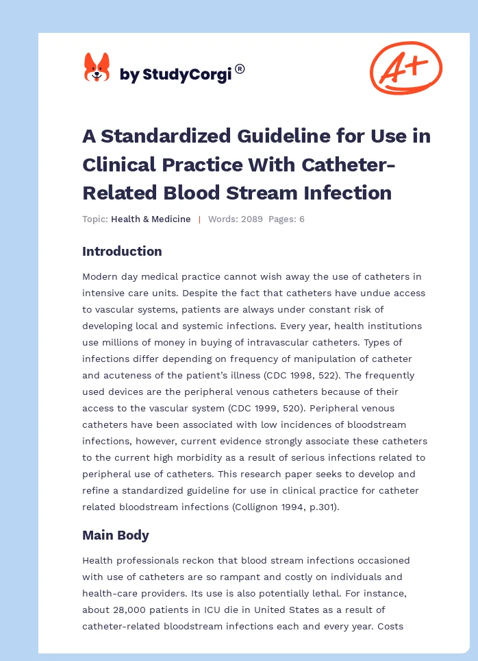A Standardized Guideline for Use in Clinical Practice With Catheter-Related Blood Stream Infection. Page 1