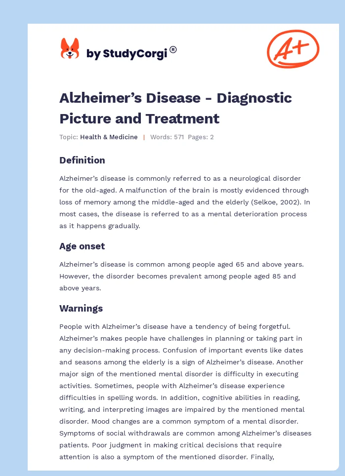 Alzheimer’s Disease - Diagnostic Picture and Treatment. Page 1