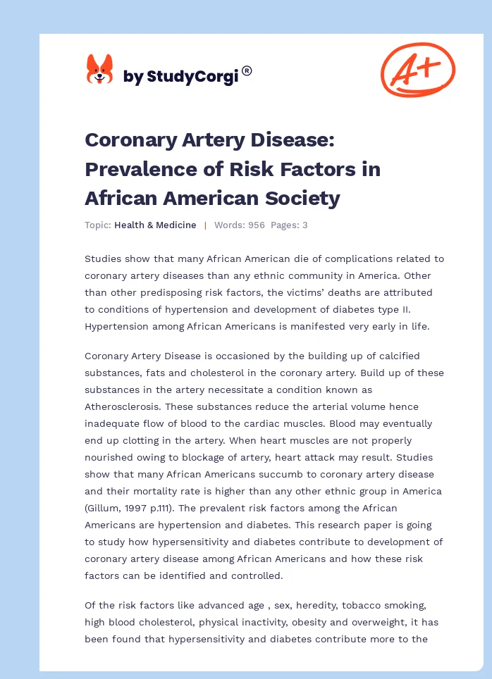 Coronary Artery Disease: Prevalence of Risk Factors in African American Society. Page 1