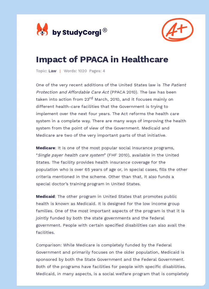 Impact of PPACA in Healthcare. Page 1