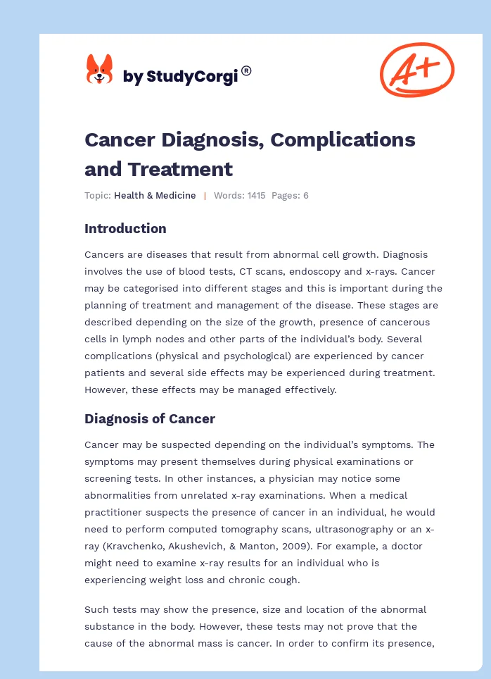 Cancer Diagnosis, Complications and Treatment. Page 1