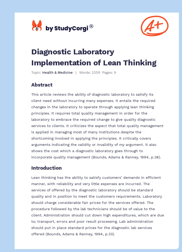 Diagnostic Laboratory Implementation of Lean Thinking. Page 1