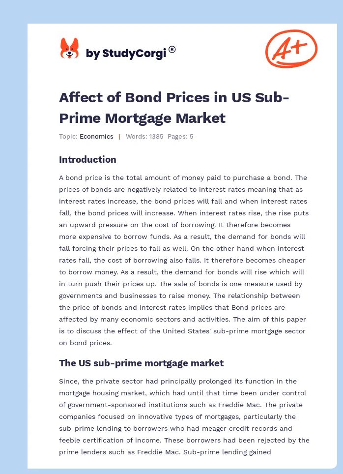 Affect of Bond Prices in US Sub-Prime Mortgage Market. Page 1