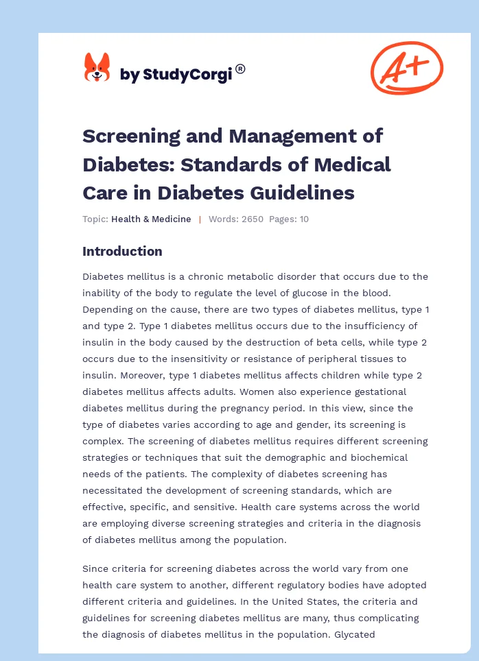 Screening and Management of Diabetes: Standards of Medical Care in Diabetes Guidelines. Page 1