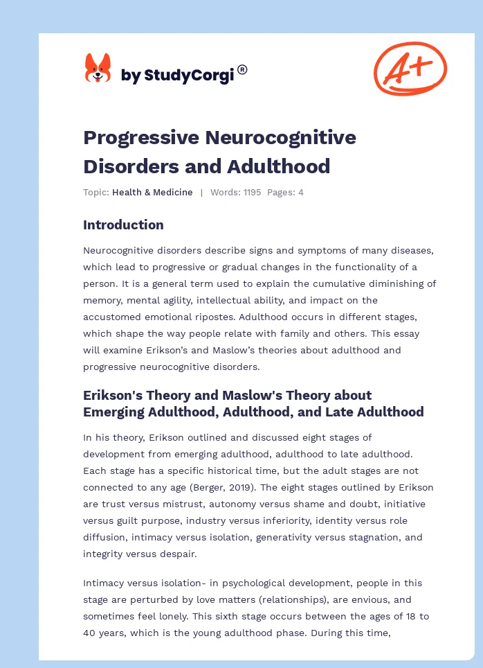 Progressive Neurocognitive Disorders and Adulthood. Page 1