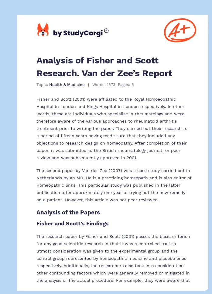 Analysis of Fisher and Scott Research. Van der Zee’s Report. Page 1