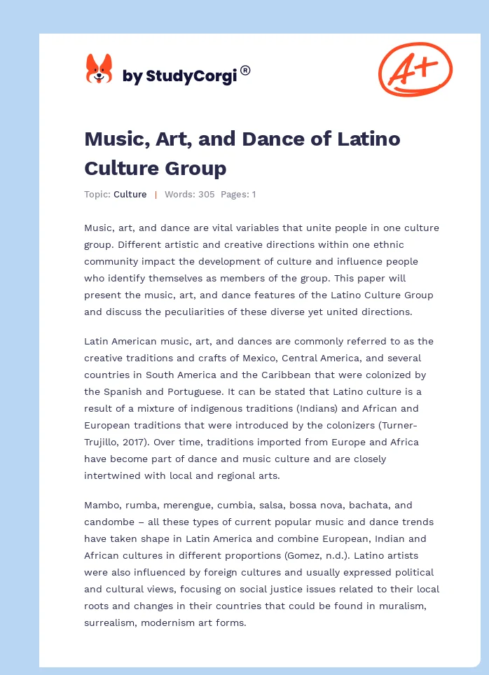 Music, Art, and Dance of Latino Culture Group. Page 1