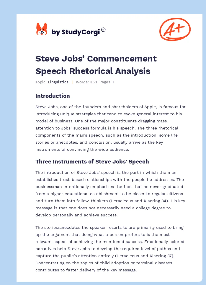 Steve Jobs’ Commencement Speech Rhetorical Analysis. Page 1