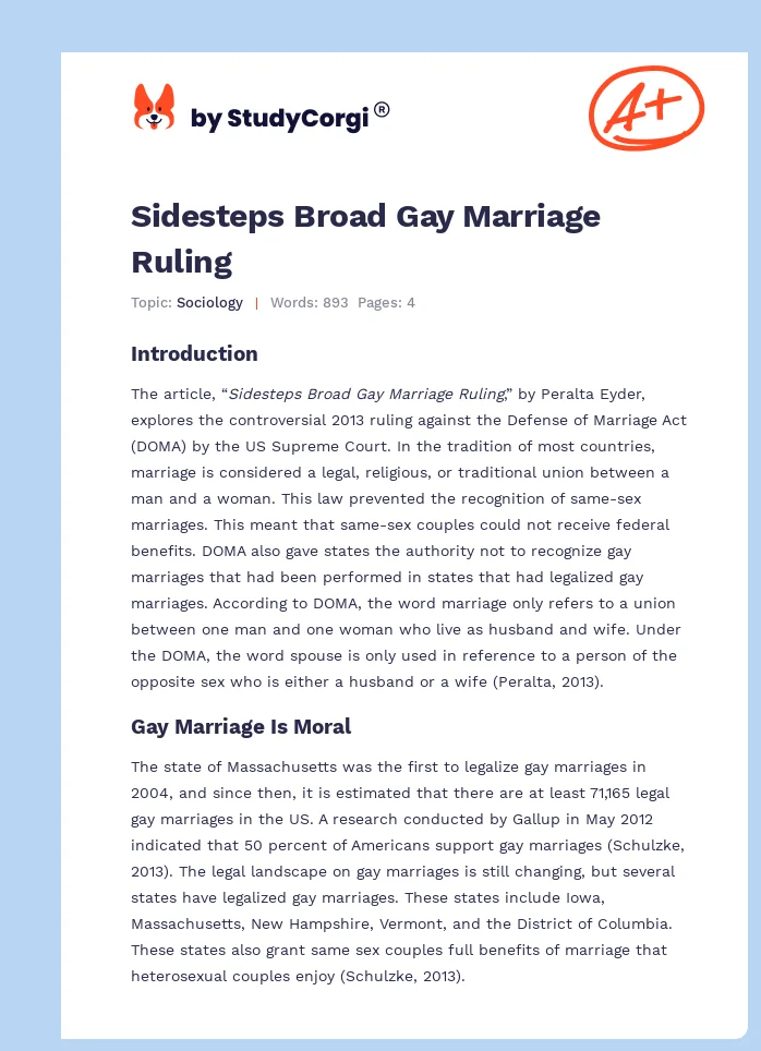 Sidesteps Broad Gay Marriage Ruling. Page 1