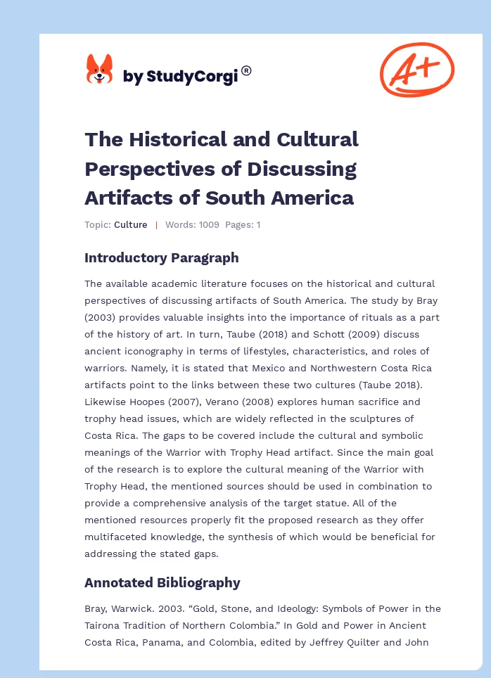 The Historical and Cultural Perspectives of Discussing Artifacts of South America. Page 1