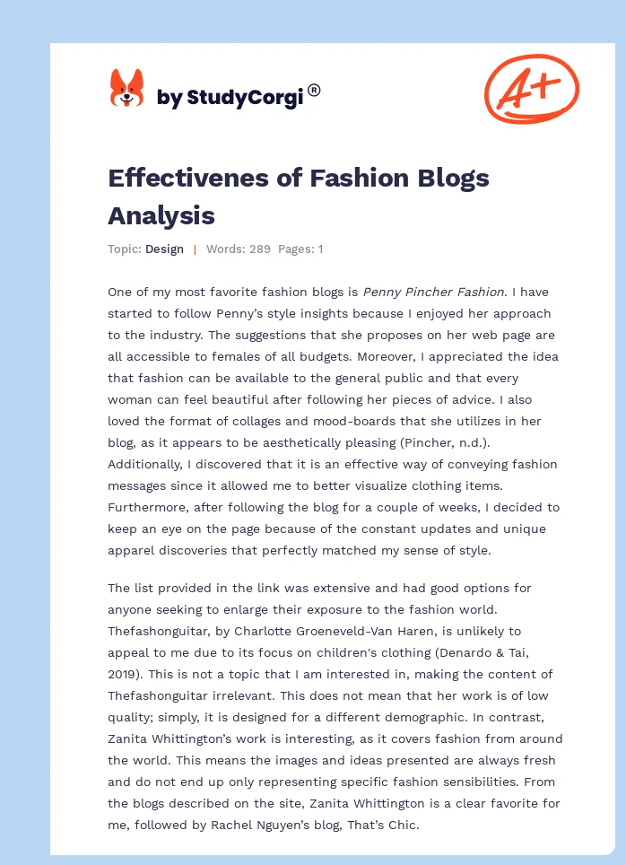 Effectivenes of Fashion Blogs Analysis. Page 1