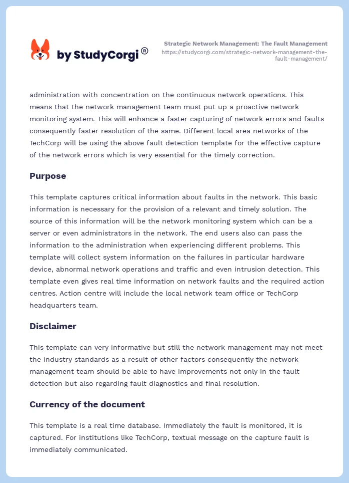 Strategic Network Management: The Fault Management. Page 2