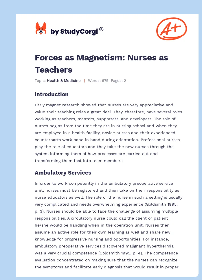 Forces as Magnetism: Nurses as Teachers. Page 1