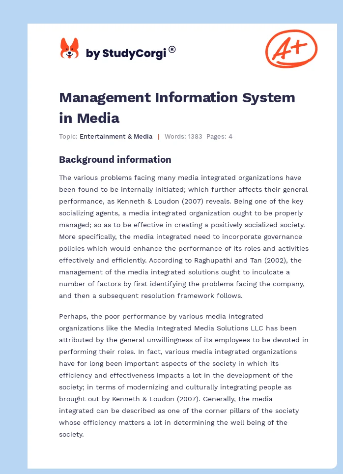 Management Information System in Media. Page 1