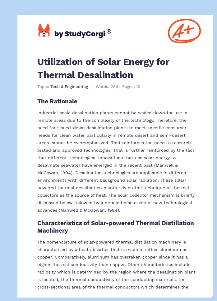 Utilization of Solar Energy for Thermal Desalination. Page 1