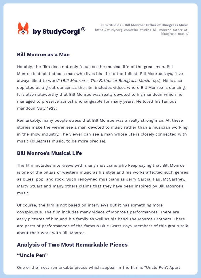 Film Studies - Bill Monroe: Father of Bluegrass Music. Page 2