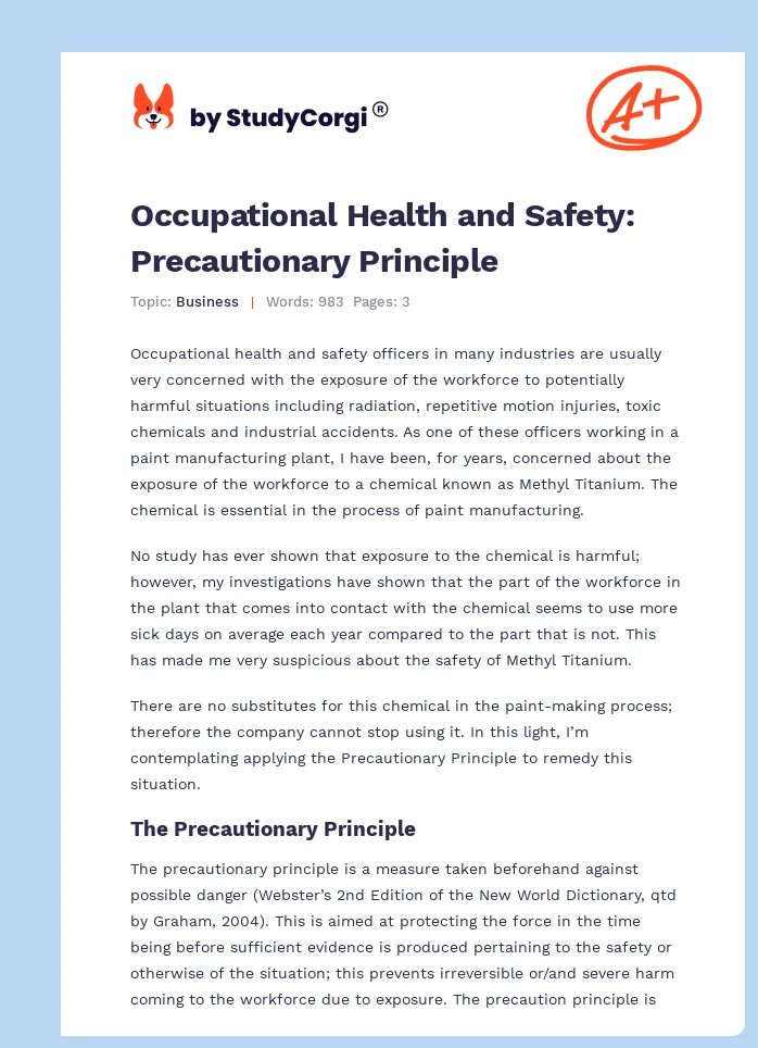 Occupational Health and Safety: Precautionary Principle. Page 1