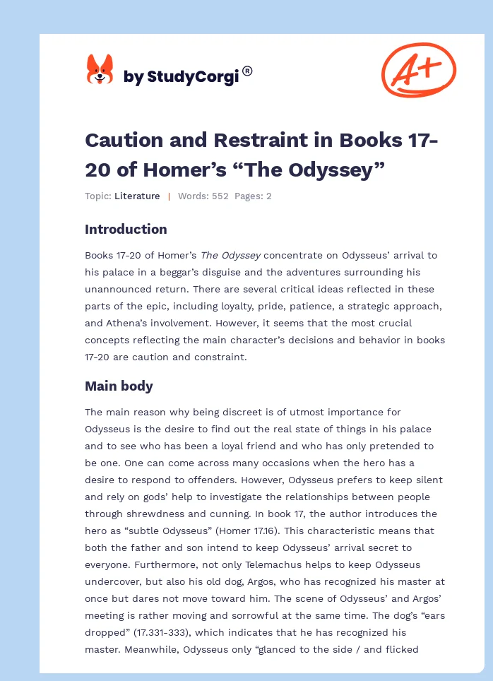 Caution and Restraint in Books 17-20 of Homer’s “The Odyssey”. Page 1