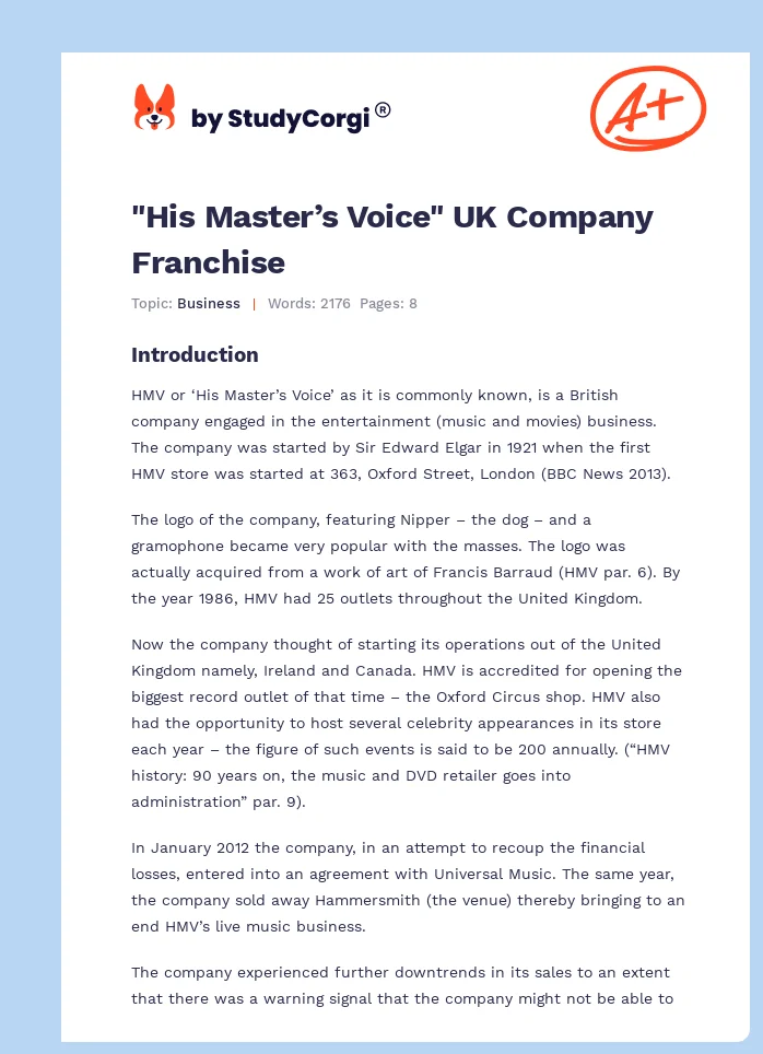 "His Master’s Voice" UK Company Franchise. Page 1