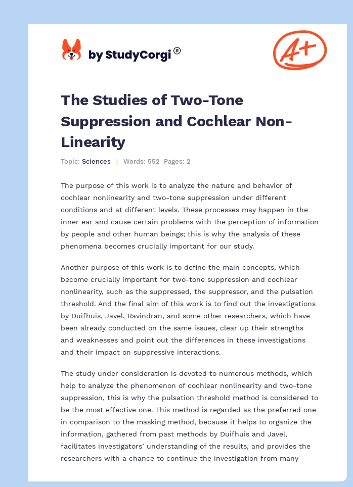 The Studies of Two-Tone Suppression and Cochlear Non-Linearity. Page 1