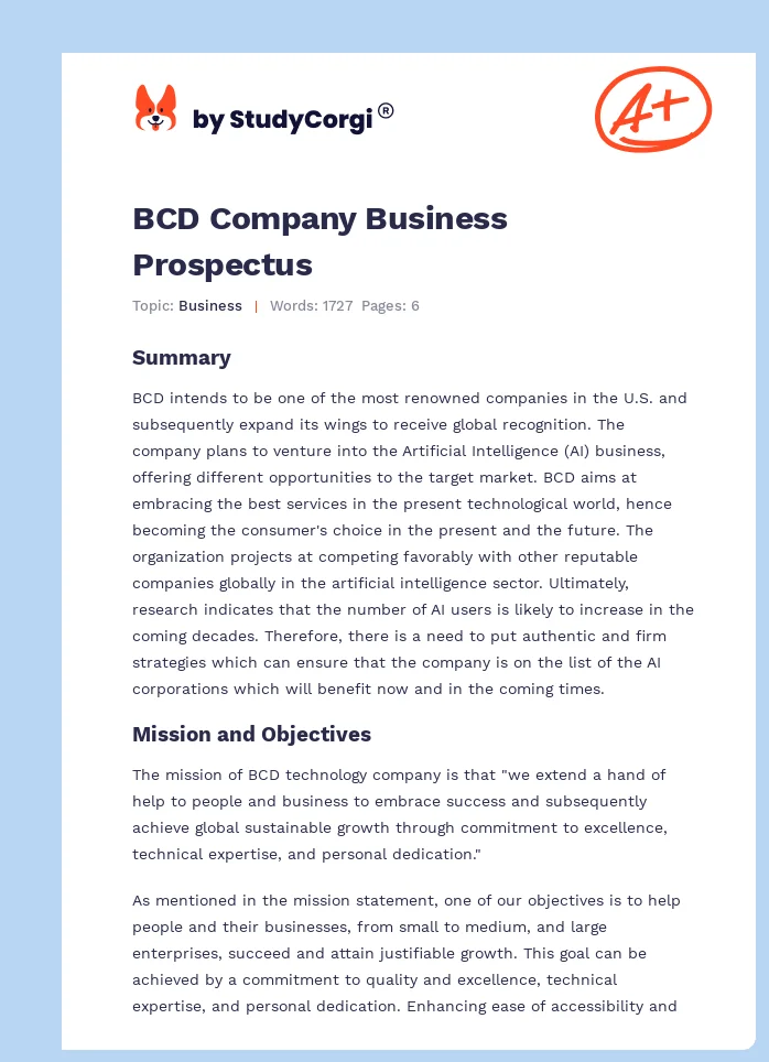 BCD Company Business Prospectus. Page 1
