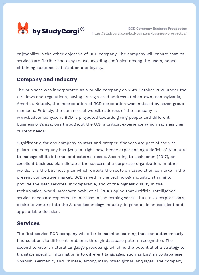 BCD Company Business Prospectus. Page 2