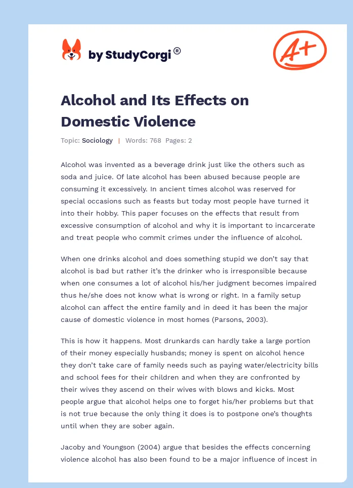 Alcohol and Its Effects on Domestic Violence. Page 1