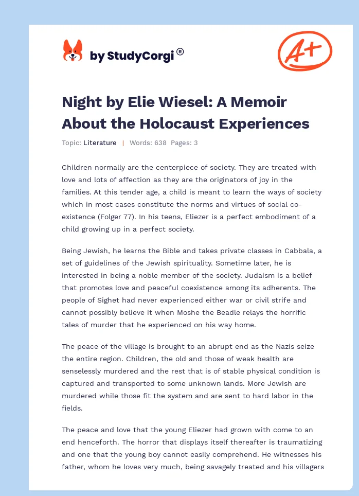 Night by Elie Wiesel: A Memoir About the Holocaust Experiences. Page 1