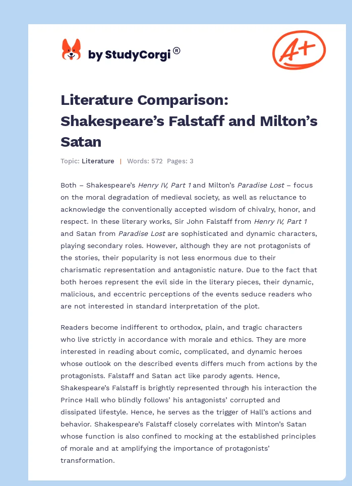 Literature Comparison: Shakespeare’s Falstaff and Milton’s Satan. Page 1