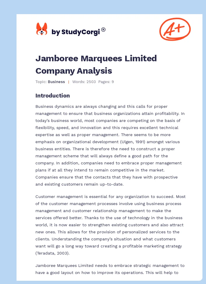 Jamboree Marquees Limited Company Analysis. Page 1