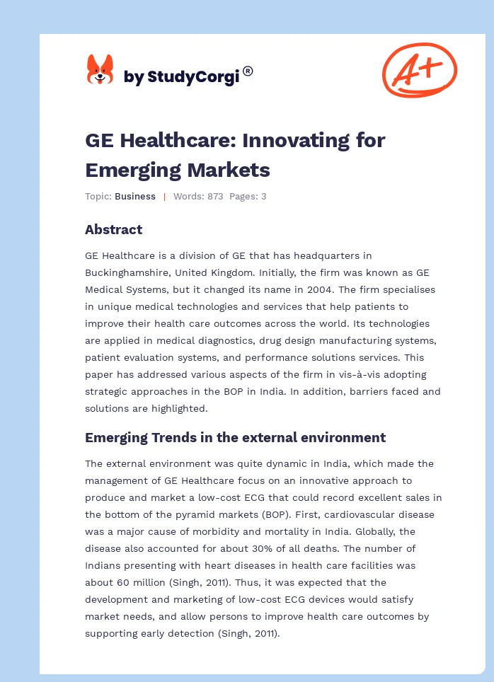 GE Healthcare: Innovating for Emerging Markets. Page 1