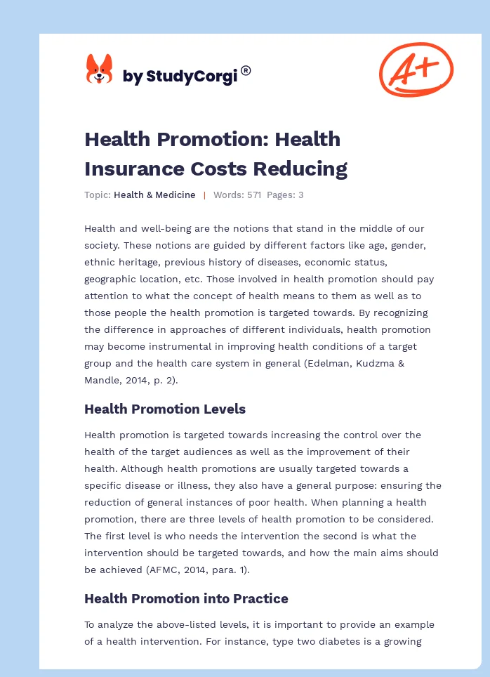 Health Promotion: Health Insurance Costs Reducing. Page 1