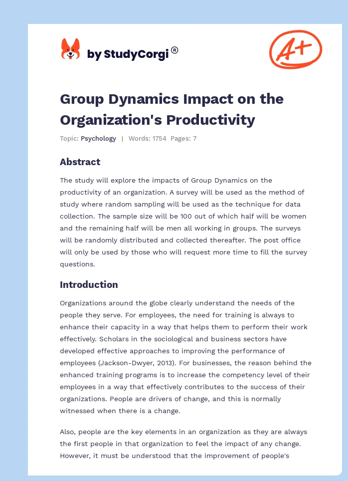 Group Dynamics Impact on the Organization's Productivity. Page 1