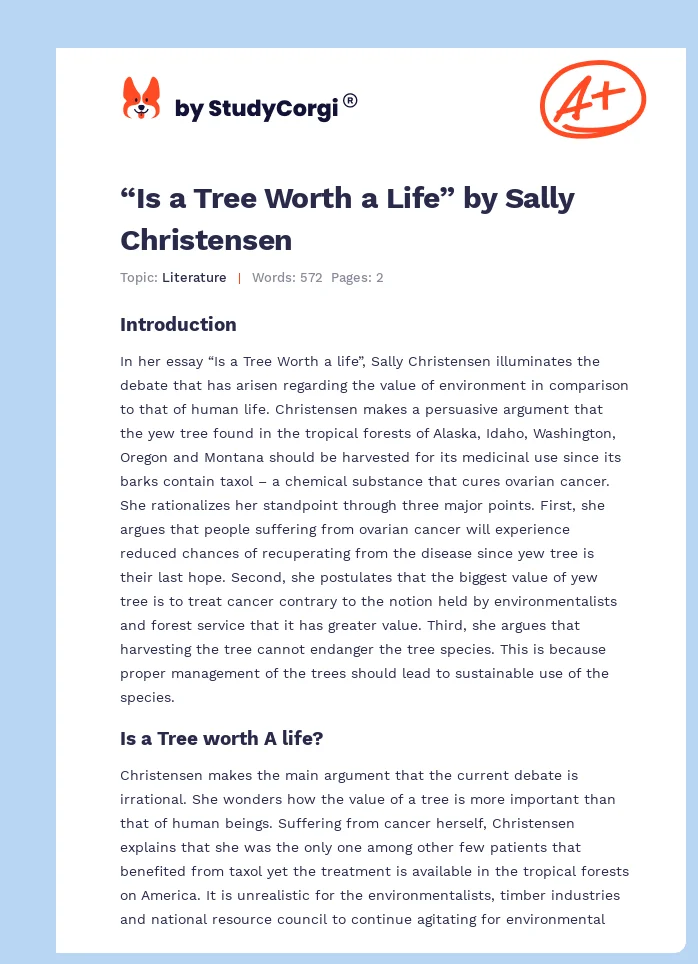 “Is a Tree Worth a Life” by Sally Christensen. Page 1