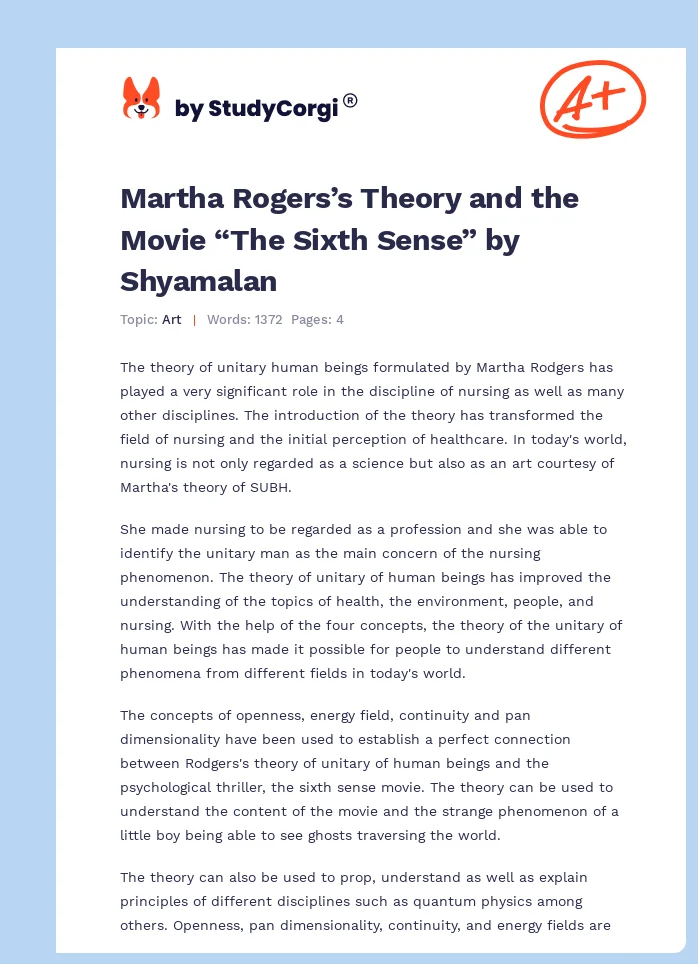 Martha Rogers’s Theory and the Movie “The Sixth Sense” by Shyamalan. Page 1