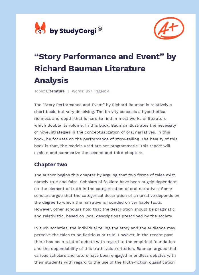 “Story Performance and Event” by Richard Bauman Literature Analysis. Page 1