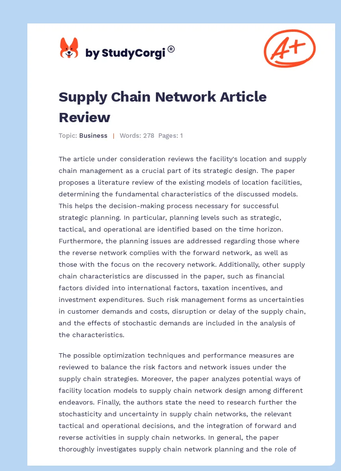 Supply Chain Network Article Review. Page 1