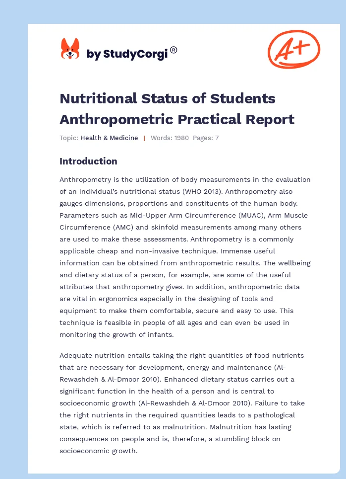 Nutritional Status of Students Anthropometric Practical Report. Page 1