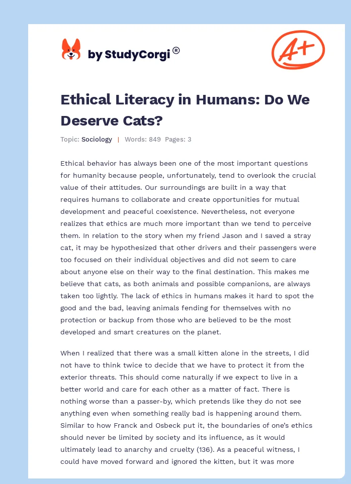 Ethical Literacy in Humans: Do We Deserve Cats?. Page 1