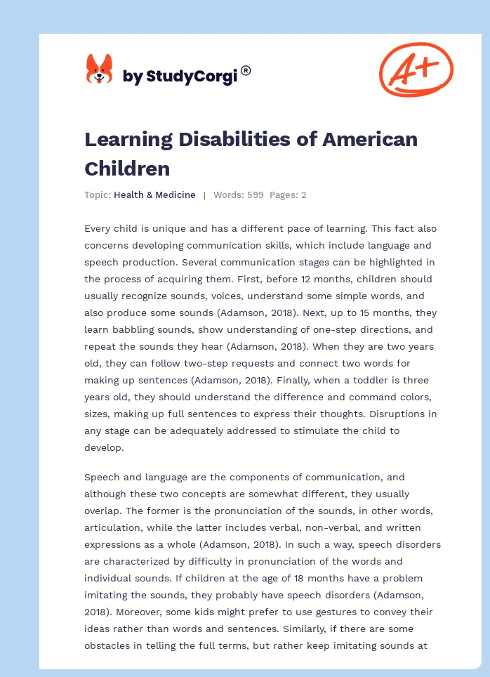 Learning Disabilities of American Children. Page 1