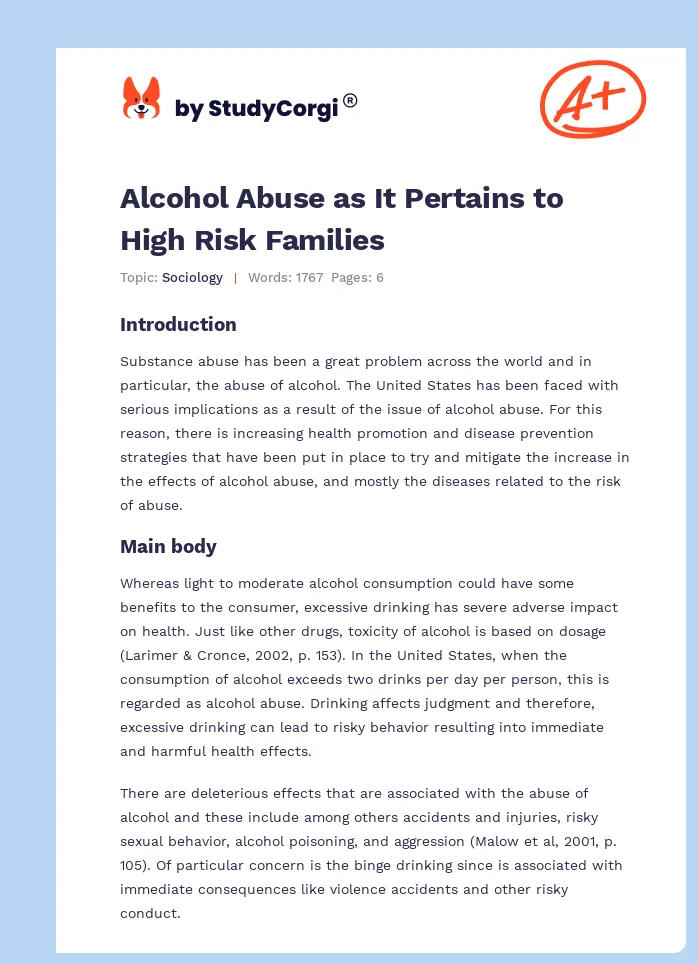 Alcohol Abuse as It Pertains to High Risk Families. Page 1