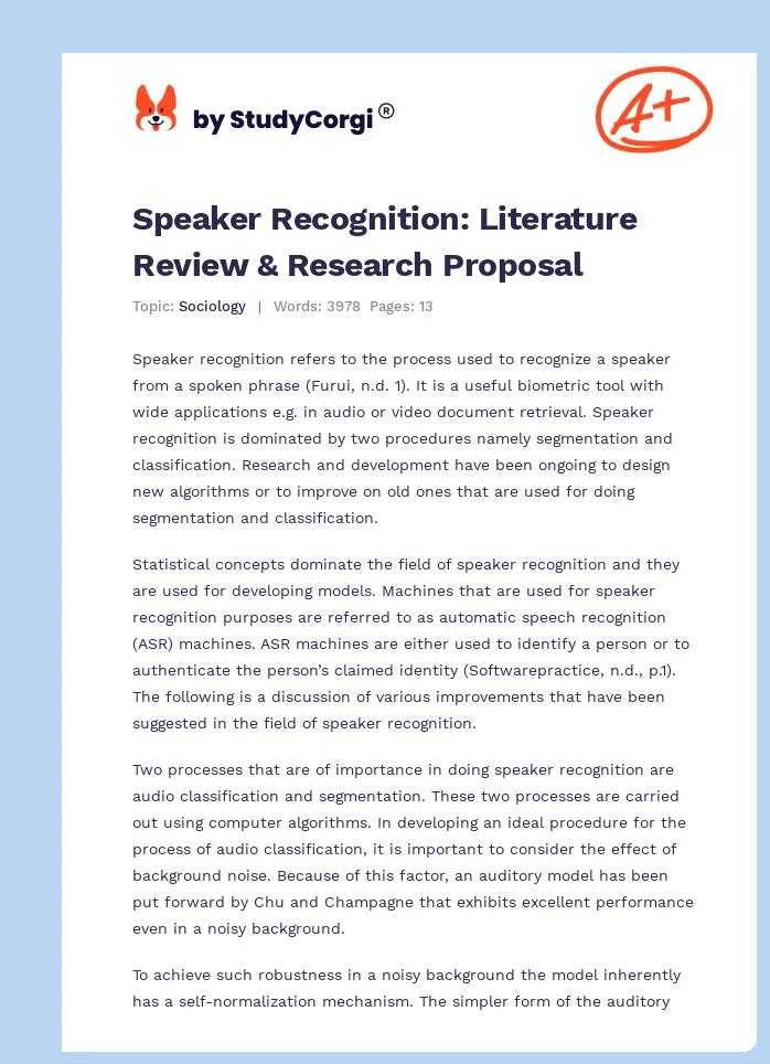 Speaker Recognition: Literature Review & Research Proposal. Page 1