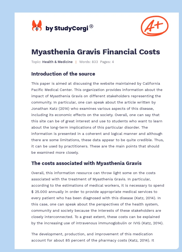 Myasthenia Gravis Financial Costs. Page 1