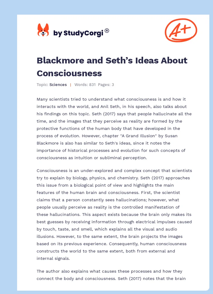 Blackmore and Seth’s Ideas About Consciousness. Page 1