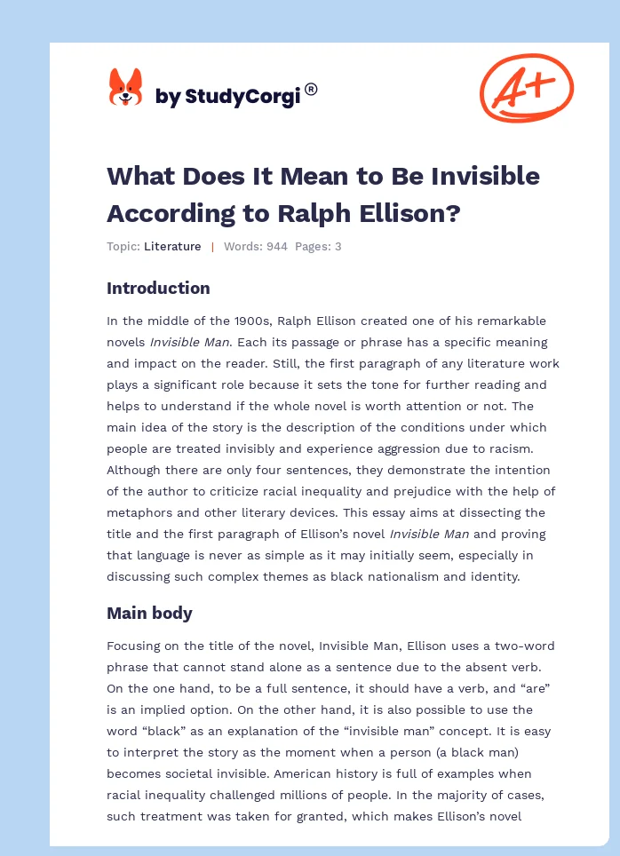 What Does It Mean to Be Invisible According to Ralph Ellison?. Page 1