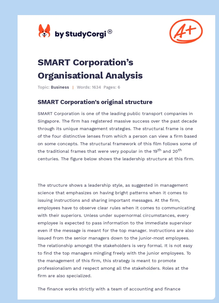 SMART Corporation’s Organisational Analysis. Page 1