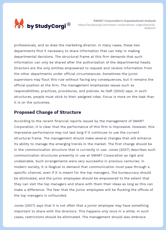 SMART Corporation’s Organisational Analysis. Page 2