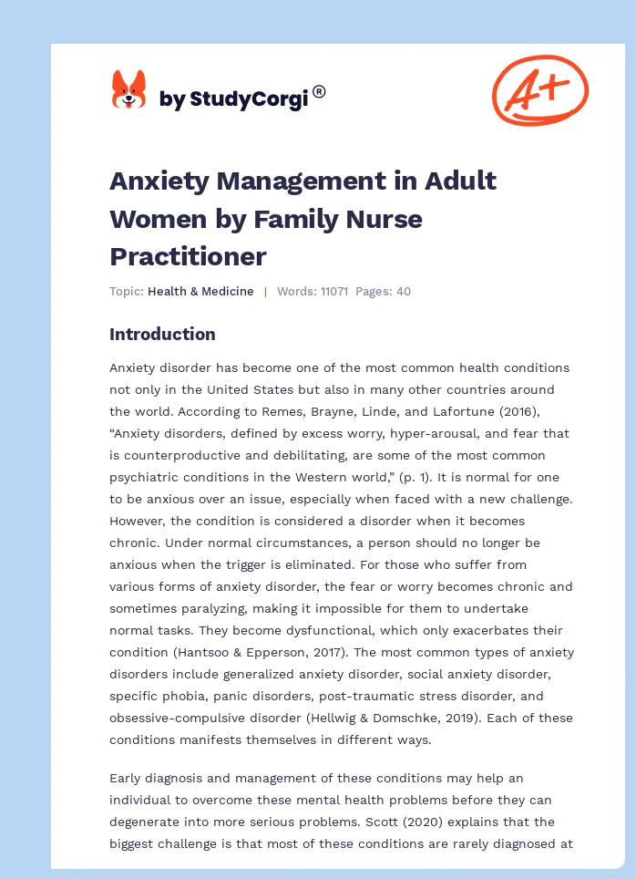 Anxiety Management in Adult Women by Family Nurse Practitioner. Page 1