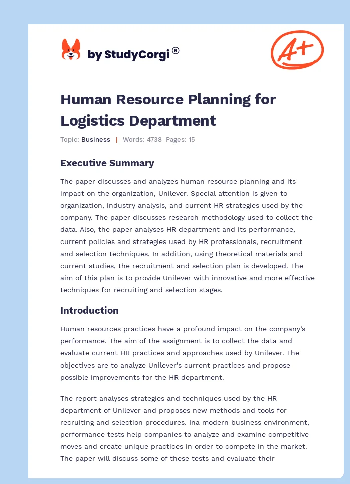 Human Resource Planning for Logistics Department. Page 1